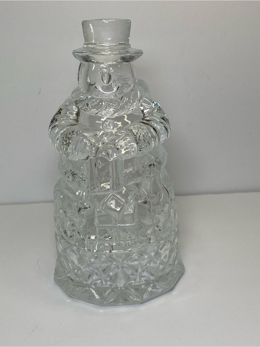 Vintage Clear Cut Glass Snowman Cookie Candy Jar Top Hat Lid Holiday Decor